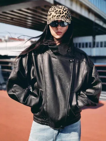 Women's Streetwear PU Leather Jacket Fall Fashion Stand Collar Long Sleeve Loose Litchi Pattern Outerwear