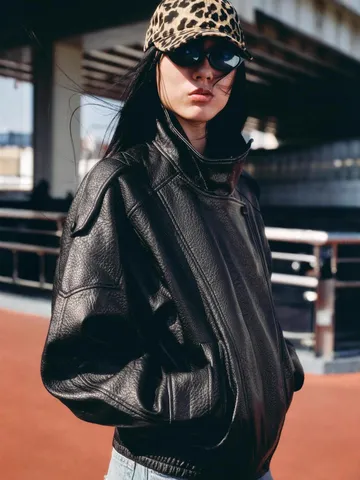 Women's Streetwear PU Leather Jacket Fall Fashion Stand Collar Long Sleeve Loose Litchi Pattern Outerwear