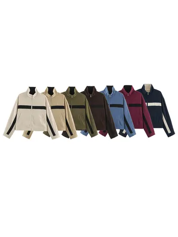 Women Fashion Stand Collar Color Block Zipper Jacket Casual Long Sleeve Outerwear Fall Winter Apparel Daily Wear