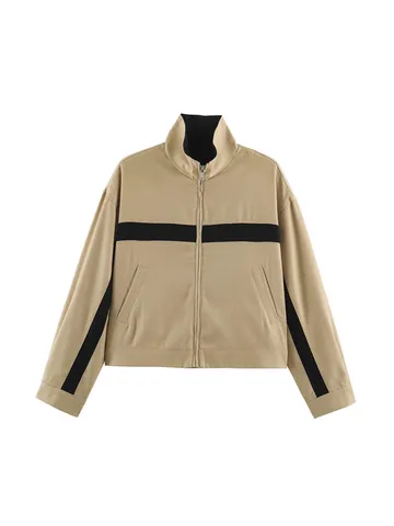 Women Fashion Stand Collar Color Block Zipper Jacket Casual Long Sleeve Outerwear Fall Winter Apparel Daily Wear