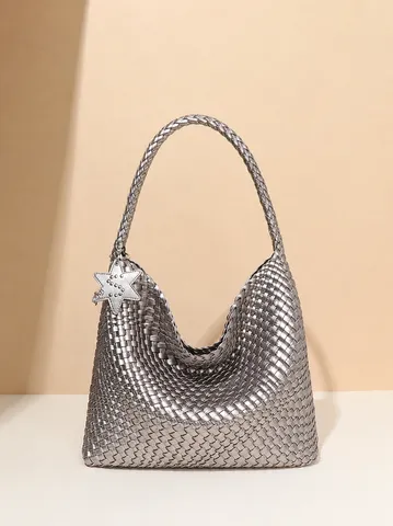 Premium Niche Σχέδιο Υφαντή στο Χέρι Τσάντα Tote από Δέρμα PU Μεγάλη Χωρητικότητα Χαλαρή Τσάντα Ώμου Hobo Με Μενταγιόν Αστέρι για Γυναίκες