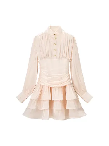 Robe Mini Moulante Femme Manches Longues Col Montant Taille Haute Élégant Français Chic Volants Couches Polyester
