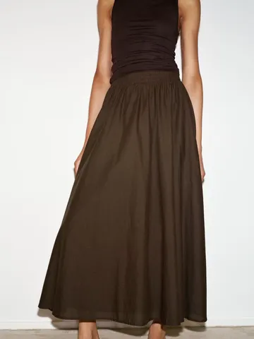 Women High Waist Pleated Long Skirt Elegant French Vintage Solid Color A Line Maxi Skirt For Casual Daily Vacation