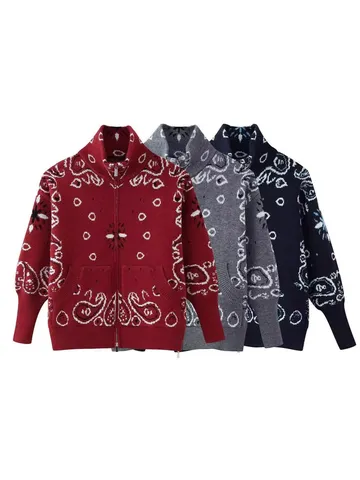 Women's American Retro Paisley Jacquard Knit Cardigan Vintage Stand Collar Long Sleeve Full Zip Outerwear