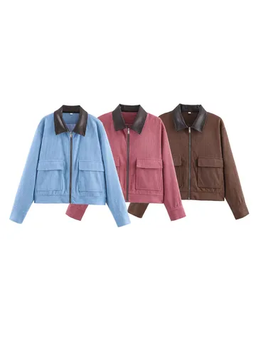 Women's Casual Corduroy Jacket Long Sleeve Zip Up Lapel Outerwear Elegant Spring Coat