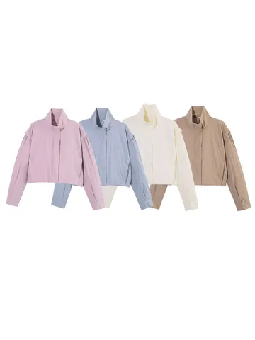 Women's Casual Commuter Stand Collar Short Jacket Loose Solid Color Long Sleeve Zipper Windproof Outerwear