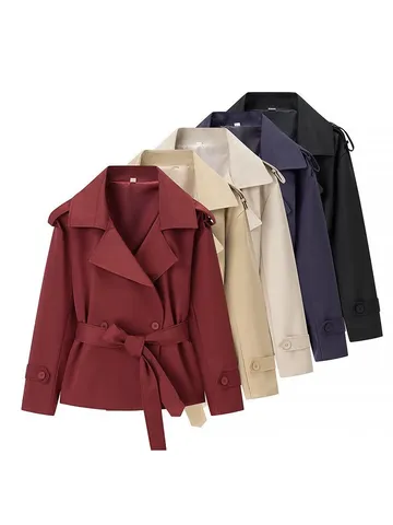 Chaqueta Corta Casual para Mujer Abrigo Elegante Solapa Monopetto Manga Larga Ropa Exterior Con Cinturón Color Sólido Moda Ropa de Primavera