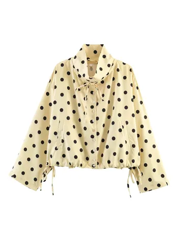 Blusa de Lunares de Manga Larga de Moda para Mujer Cuello Alto Monopetto Dobladillo con Cordón Casual Elegante