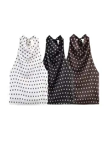 Women French Vintage Polka Dot Cowl Neck Halter Tank Top Sleeveless Elegant Summer Casual Top Basic Polyester Blouse