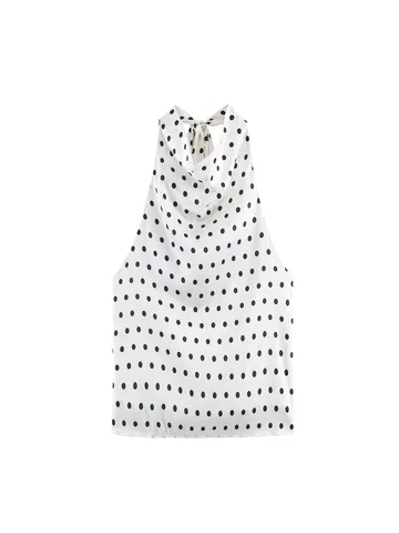 Women French Vintage Polka Dot Cowl Neck Halter Tank Top Sleeveless Elegant Summer Casual Top Basic Polyester Blouse