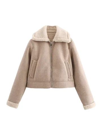 Women Casual Wool Blend Lapel Jacket Coat Long Sleeve Zip Up Faux Shearling Outerwear Fall Winter Fashion Streetwear
