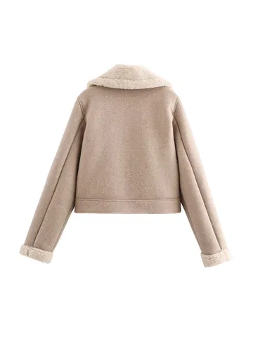 Women Casual Wool Blend Lapel Jacket Coat Long Sleeve Zip Up Faux Shearling Outerwear Fall Winter Fashion Streetwear