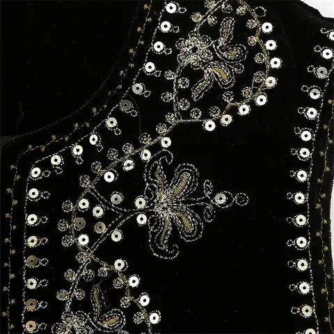 Women's Vintage Ethnic Style Velvet Sequin Embroidered Vest Open Front Sleeveless Cardigan Autumn Winter Outerwear