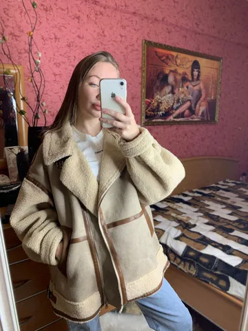 Women's Faux Shearling Suede Leather Motorcycle Jacket Winter Casual Long Sleeve Lapel Zip Up Outerwear