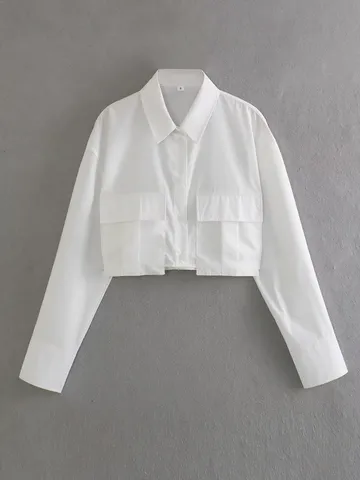 Women's Casual Solid Color Long Sleeve Turn-down Collar Pocket Shirt Polyester Short Blouse Top