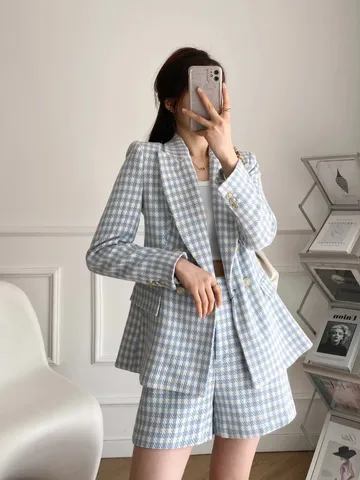 Women's European and American Style Houndstooth Double-Breasted Blazer And Shorts Top And Bottom Suit