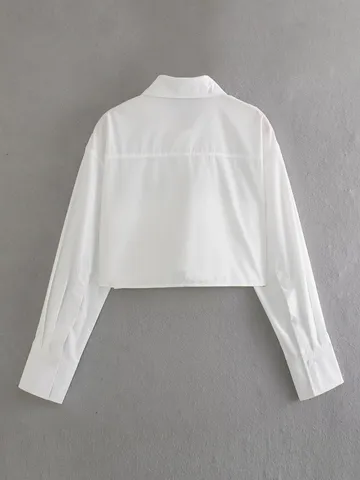 Women's Casual Solid Color Long Sleeve Turn-down Collar Pocket Shirt Polyester Short Blouse Top