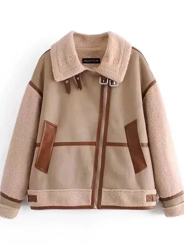 Women's Faux Shearling Suede Leather Motorcycle Jacket Winter Casual Long Sleeve Lapel Zip Up Outerwear