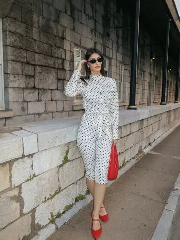 Women Elegant Polka Dot Long Sleeve Top And Pants Set Casual Polyester Top And Bottom Outfit