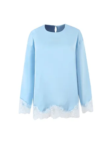Women's French Elegant Solid Color Crew Neck Long Sleeve T-Shirt Lace Patchwork Casual Regular Fit Top