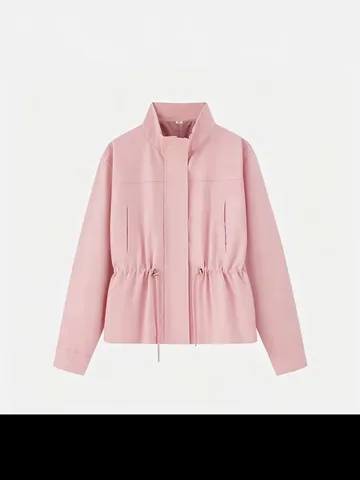 Women's Casual Stand Collar Drawstring Long Sleeve Jacket Spring Autumn Slim Fit Solid Color Zip Up Outerwear