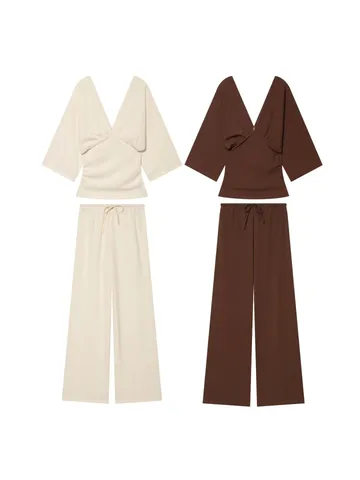 Women Summer Casual V Neck Short Sleeve Top And Drawstring Wide Leg Pants Set Solid Color Loose Fit Fashion Outfit