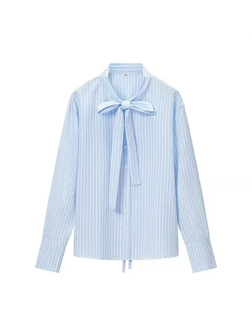 Moda Francese Elegante Rigato Fiocco Allacciatura Largo Manica Lunga Camicia Donna Casual Monopetto Blusa Top