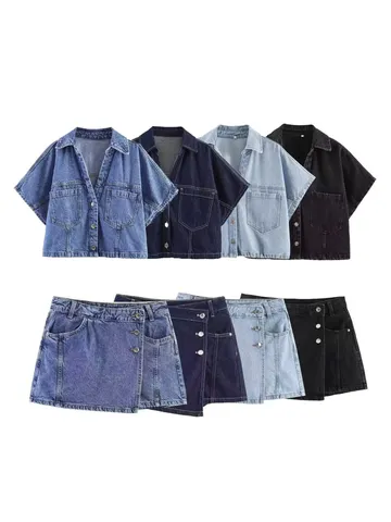 Dames Franse Vintage V-Hals Korte Mouw Denim Shirt Top En Asymmetrische Rok Set Casual TWEEDELIGE Outfit