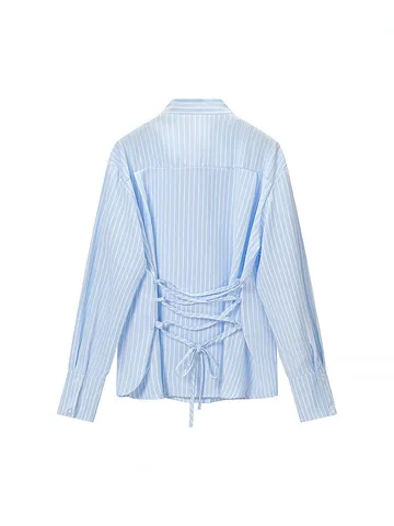 Moda Francese Elegante Rigato Fiocco Allacciatura Largo Manica Lunga Camicia Donna Casual Monopetto Blusa Top