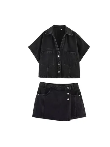 Dames Franse Vintage V-Hals Korte Mouw Denim Shirt Top En Asymmetrische Rok Set Casual TWEEDELIGE Outfit