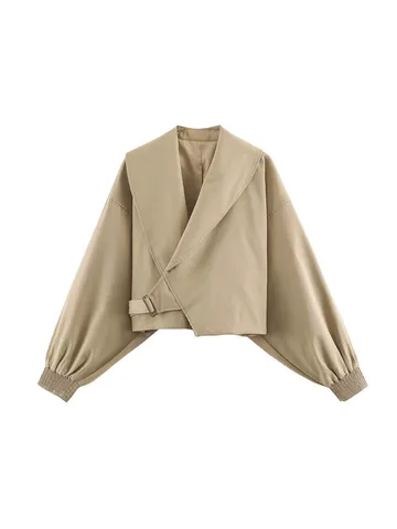 Women's Fall French Vintage Large Lapel High Waist Lantern Sleeve Tie Front Short Jacket Outerwear Polyester