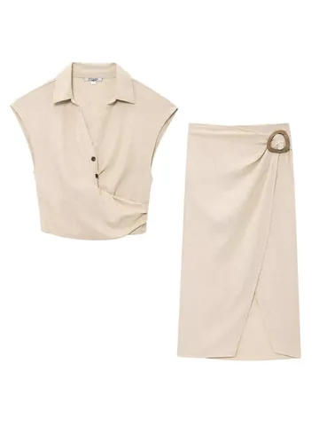 Women Summer Casual Linen Blend Crop Top And Midi Skirt Set V Neck Sleeveless Shirt And High Waist Skirt Elegant Outfits