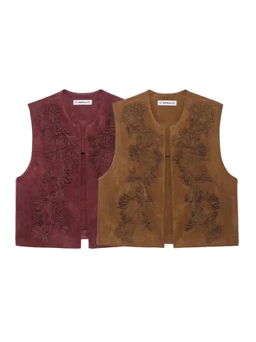 Women's Vintage Embroidered Suede Texture Vest Open Front Sleeveless Casual Cardigan Outerwear Chic Spring Top