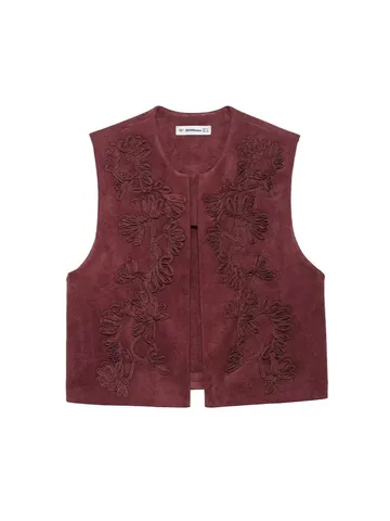 Women's Vintage Embroidered Suede Texture Vest Open Front Sleeveless Casual Cardigan Outerwear Chic Spring Top