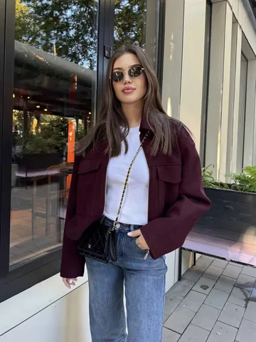Women's Casual Woolen Blend Lapel Zipper Short Jacket Winter Fashion Long Sleeve Solid Color Outerwear