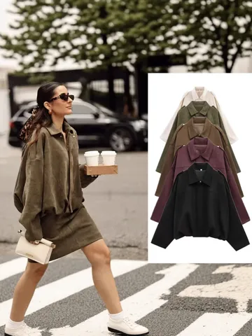 Women's Casual Polyester Zipper Lapel Batwing Sleeve Jacket Outerwear Solid Color Spring Fashion Streetwear