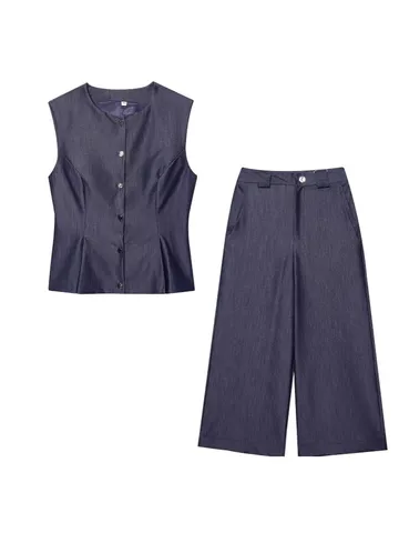 Women Casual Commuting Solid Color Sleeveless Vest And Wide Leg Pants Top And Bottom Polyester Summer Regular Fit