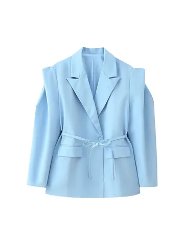 Women's Casual Long Sleeve Lapel Single-Breasted Blazer Jacket French Fashion Waist-Tied Padded Suit Outerwear
