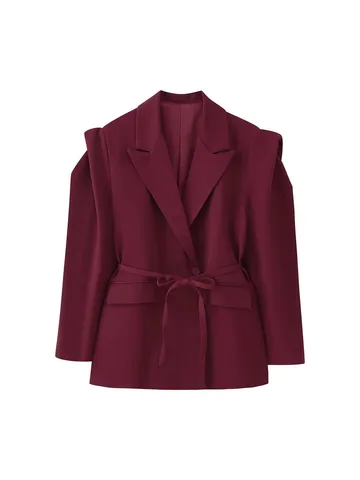 Women's Casual Long Sleeve Lapel Single-Breasted Blazer Jacket French Fashion Waist-Tied Padded Suit Outerwear