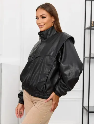 Women's PU Leather Jacket Casual Long Sleeve Stand Collar Zipper Outerwear Retro Oversized Pockets Fashion Coat