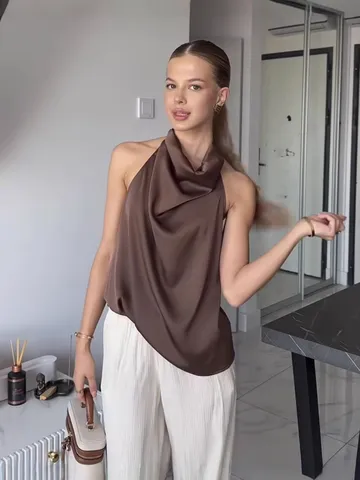 Women's Summer Elegant Satin Cowl Neck Halter Sleeveless Camisole Solid Color Casual Slim Fit Basic Tank Top