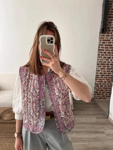 Women's Retro Ethnic Style Quilted Printed Cotton Vest Casual Sleeveless Open Front Short Waistcoat Jacket Outerwear