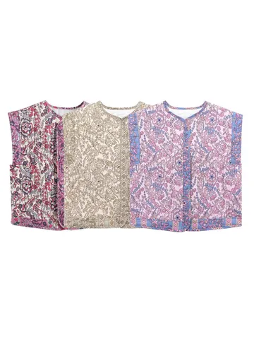 Women's Retro Ethnic Style Quilted Printed Cotton Vest Casual Sleeveless Open Front Short Waistcoat Jacket Outerwear
