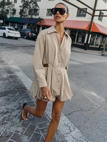 Robe Mini A-Ligne Manches Longues Col Rabat Élégant Français Femme Avec Ceinture Robe Polyester Khaki Casual