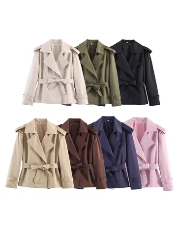 Women's Short Trench Coat Lapel Single-Breasted Long Sleeve Casual Commuter Jacket With Belt Spring Outerwear