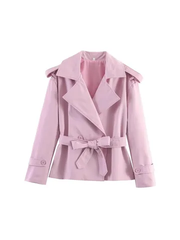 Women's Short Trench Coat Lapel Single-Breasted Long Sleeve Casual Commuter Jacket With Belt Spring Outerwear