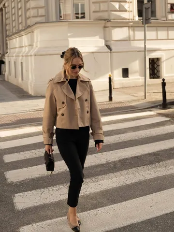 Women Casual Short Double Breasted Trench Coat Lapel Long Sleeve Solid Color Regular Fit Jacket Outerwear