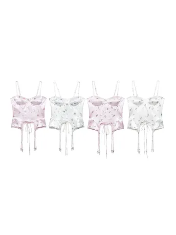 Women Sexy Floral Printed Corset Cami Top Sweetheart Neck Bow Bone Slim Fit Short Casual Summer Tank Top