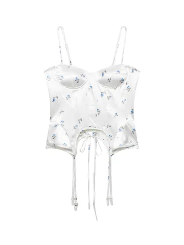 Women Sexy Floral Printed Corset Cami Top Sweetheart Neck Bow Bone Slim Fit Short Casual Summer Tank Top