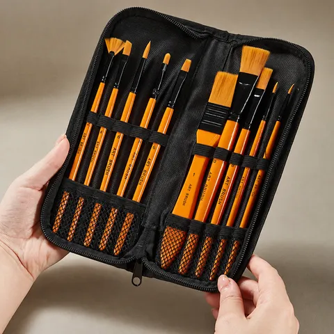 Professional Nylon Paintbrushes With Canvas Storage Bag Watercolor Acrylic Oil Painting Art Supplies Orange Handle